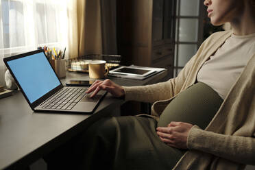 Young pregnant businesswoman using laptop at desk in home office - DSHF01623