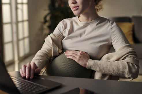 Junge schwangere Geschäftsfrau arbeitet von zu Hause aus am Laptop - DSHF01629