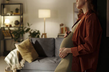 Schwangere Frau berührt den Bauch im Stehen zu Hause - DSHF01646
