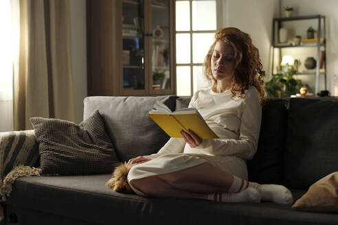 Schwangere Frau liest ein Buch und sitzt mit Hund auf dem Sofa - DSHF01660