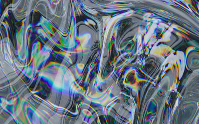 An abstract image featuring swirling liquid-like patterns in a monochromatic base with rainbow-colored distortions, reminiscent of psychedelic art - ADSF53302