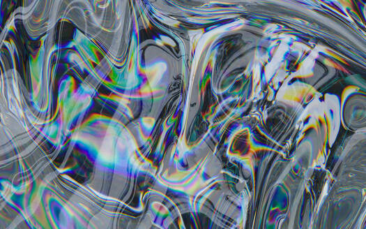 Ein abstraktes Bild mit wirbelnden, flüssigkeitsähnlichen Mustern auf einfarbigem Grund mit regenbogenfarbenen Verzerrungen, das an psychedelische Kunst erinnert - ADSF53302