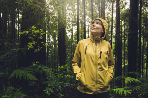 Frau allein im Wald genießt die Natur - INGF12954