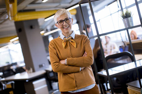 Senior businesswoman standing in the office with her arms crossed - INGF13045