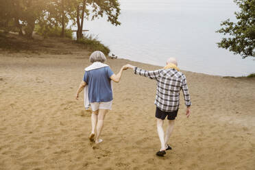 Full length rear view of senior couple holding hands while walking towards river - MASF43414