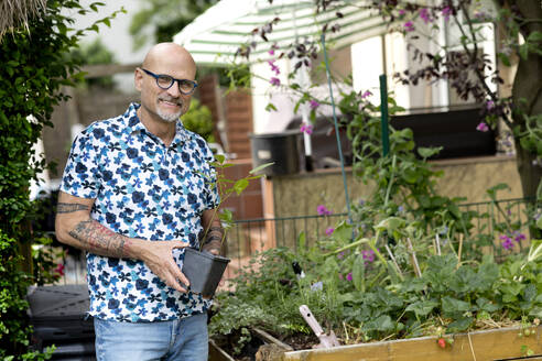 Lächelnder Mann hält Topfpflanze im Garten - FLLF00916