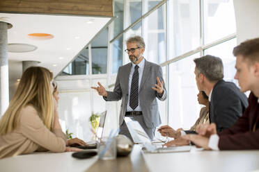 Mature businessman explaining strategy to group of multiethnic business people while working on new project in the office - INGF13178