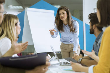 Confident young team leader giving a presentation to a group of young colleagues as they sit grouped by the flip chart in the small startup office - INGF13246