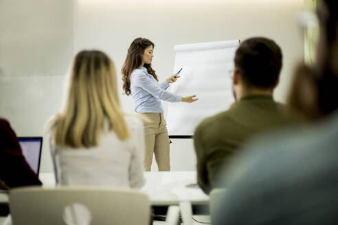 Creative positive female leader talking about business plan with students during workshop in the small office - INGF13251