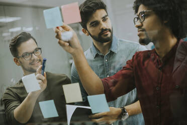 Group of young businessmen discussing in front of glass wall using post it notes and stickers at startup office - INGF13264