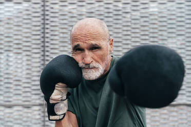 Confident active senior man practicing with boxing gloves - OIPF04107