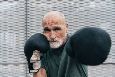 Selbstbewusster aktiver älterer Mann, der mit Boxhandschuhen übt - OIPF04107