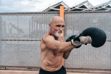 Shirtless senior man practicing with boxing gloves by fence - OIPF04112