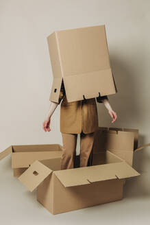 Geschäftsfrau versteckt sich in einem Karton vor weißem Hintergrund - VSNF01711