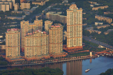 Aerial view of tall buildings of a residential area along the Moskva River, Moscow, Moscow Oblast, Russia. - AAEF26041