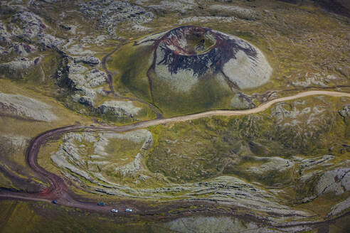 Aerial view of a volcano with crater in the highland region of Iceland. - AAEF26049