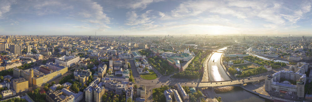 Aerial panoramic view of Moscow downtown with residential areas along the Moskva River at sunrise, Moscow, Moscow Oblast, Russia. - AAEF26066