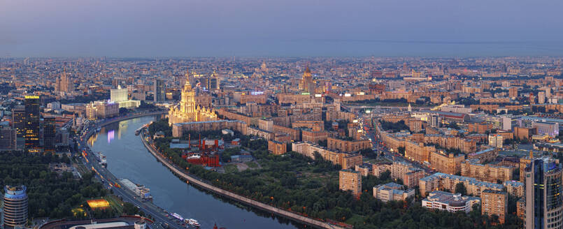 Aerial panoramic view of Moscow downtown with residential areas along the Moskva River at sunrise, Moscow, Moscow Oblast, Russia. - AAEF26081