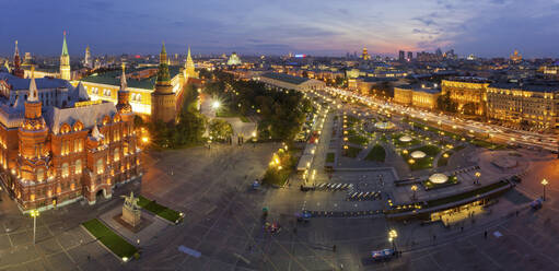 Aerial panoramic view of the Red Square and the Moscow Kremlin at night, Moscow downtown, Moscow, Moscow Oblast, Russia. - AAEF26091