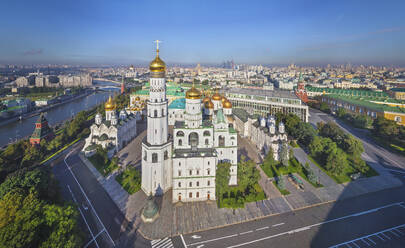 Aerial panoramic view of Orthodox churches inside the Moscow Kremlin, Moscow downtown, Moscow Oblast, Russia. - AAEF26100