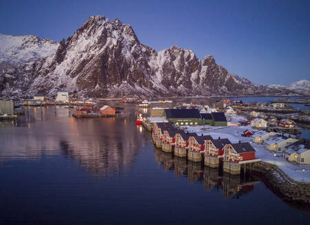 Aerial view of Svolvaer in winter, a small town on the Lofoten Islands archipelagos, Norway. - AAEF26127