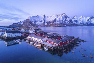 Aerial view of Svolvaer in winter, a small town on the Lofoten Islands archipelagos, Norway. - AAEF26129