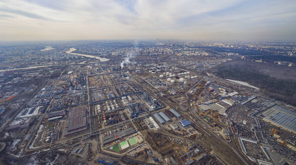 Aerial panoramic view of a large industrial area in Moscow Dzerzhinsky district, Moscow Oblast, Russia. - AAEF26134