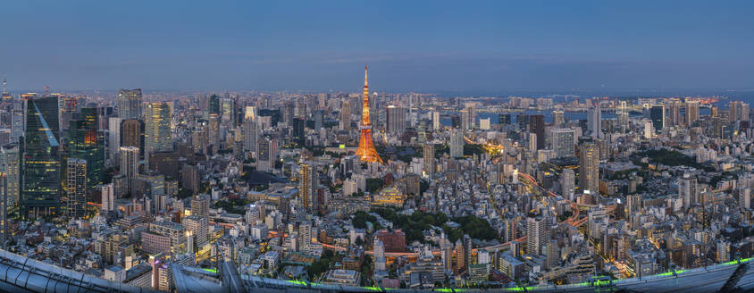 Aerial view of the Tokyo Tower in Tokyo downtown at night, Kanto region, Japan. - AAEF26171