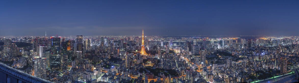 Aerial view of the Tokyo Tower in Tokyo downtown at night, Kanto region, Japan. - AAEF26173