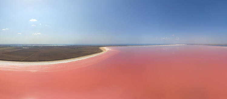 Aerial panoramic view of the Lake Sasyk-Sivash (Kunduk), a wetland with pink coloured water, Sasyk Lagoon, Crimea. - AAEF26177