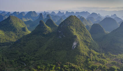 Aerial view of the Yangshuo mountains in the Li River area, Guangxi ...