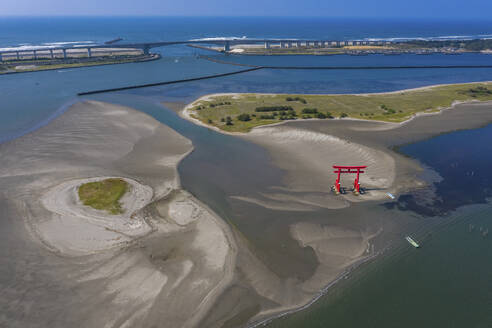 Aerial view of Torii Gate along Lake Hamana with Hamana Bridge, Hamanako Brackish Lagoon, Shizuoka, Japan. - AAEF26228