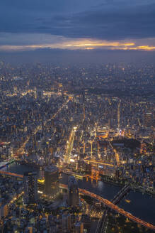 Aerial view of Tokyo skyline at sunset along the Sumida river, Japan. - AAEF26230