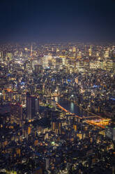 Aerial view of Tokyo skyline at sunset along the Sumida river, Japan. - AAEF26233