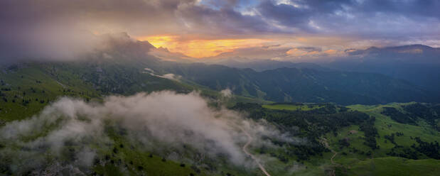Aerial view of beautiful mountain landscape at sunset in Karachay-Cherkess, Elbrus, Khabaz, Kebardino Balkaria, Caucasus, Russia. - AAEF26274
