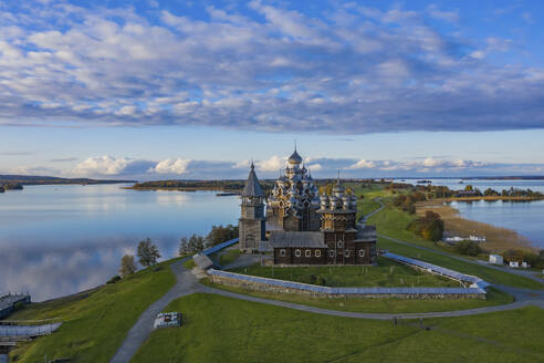 Aerial view of the Kizhi Pogost, an historical site and building with orthodox church on Kizhi Island, Republic of Karelia, Medvezhyegorsky District, Russia. - AAEF26313