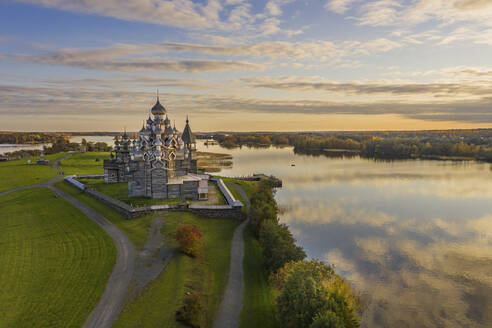 Aerial view of the Kizhi Pogost, an historical site and building with orthodox church on Kizhi Island, Republic of Karelia, Medvezhyegorsky District, Russia. - AAEF26315