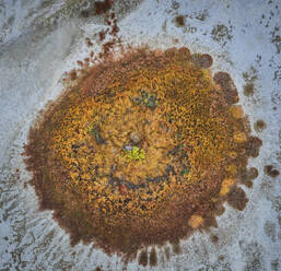 Aerial view of abstract water formation along the coastline of Elton Lake, a large salt lake with minerals in Vengelovskoe, Volgograd Oblast, Russia. - AAEF26396