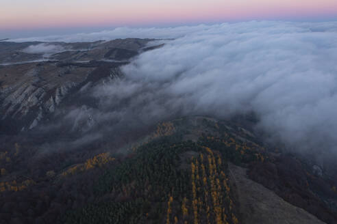 Aerial view of a mountain landscape with forest trees and low clouds at sunset in Crimea Region, Autonomous Republic of Crimea, Ukraine. - AAEF26413