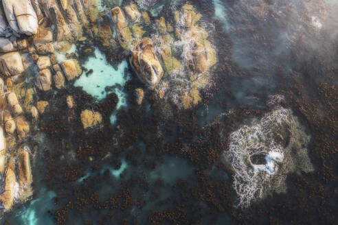 Luftaufnahme eines kristallklaren blauen Wasserbeckens, umgeben von Felsbrocken und Seetang im Meer, Kapstadt, Westkap, Südafrika. - AAEF26517