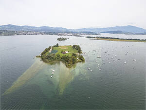 Aerial View of island Ufenau, Lake Zurich, Canton of Zurich, Switzerland. - AAEF26577