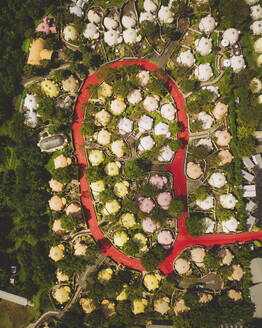 Luftaufnahme von Aso Farm Land Camping, Präfektur Kumamoto, Kyushu, Japan. - AAEF26711