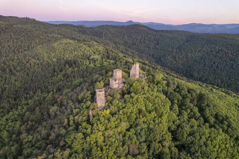 Drohnenaufnahme der drei Schlösser von Eguisheim inmitten grüner Natur, Husseren les Châteaux, Haut Rhin, Frankreich. - AAEF26778