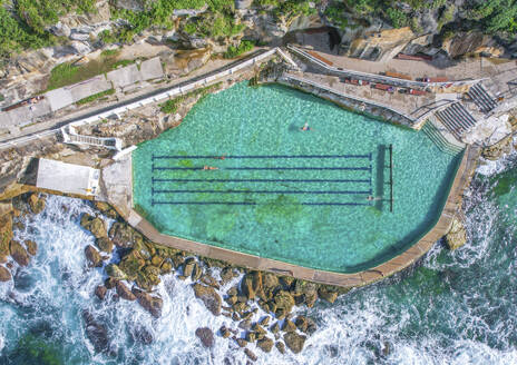 Aerial drone view of the Bronte Beach pool in Sydney, Australia. - AAEF26823