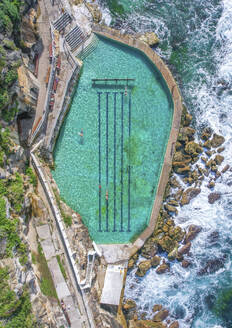 Aerial drone view of the Bronte Beach pool in Sydney, Australia. - AAEF26824