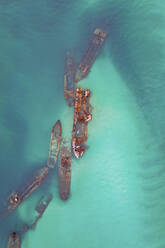 Aerial drone view of the Tangalooma wrecks off Moreton island near Brisbane Australia. - AAEF26838