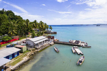 Aerial Drone View of Small Boat Port, Wewak, East Sepik Province, Papua New Guinea. - AAEF26898