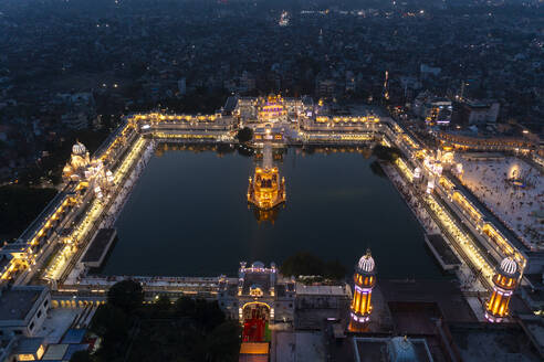 Aerial view of the Sri Harmandir Sahib, a Sikh pilgrimage site in Katra Ahluwalia, Amritsar, Punjab, India. - AAEF26945