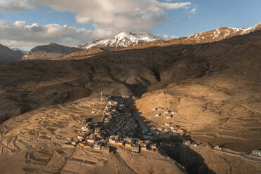 Aerial view of Chicham village on the mountain range, Spiti Valley, Kaza, Himachal Pradesh, India. - AAEF26952