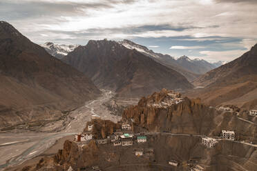 Aerial view of the Dhankar Monastery, a Buddhist landmark on the top of the mountains in Kaza, Himachal Pradesh, India. - AAEF26953